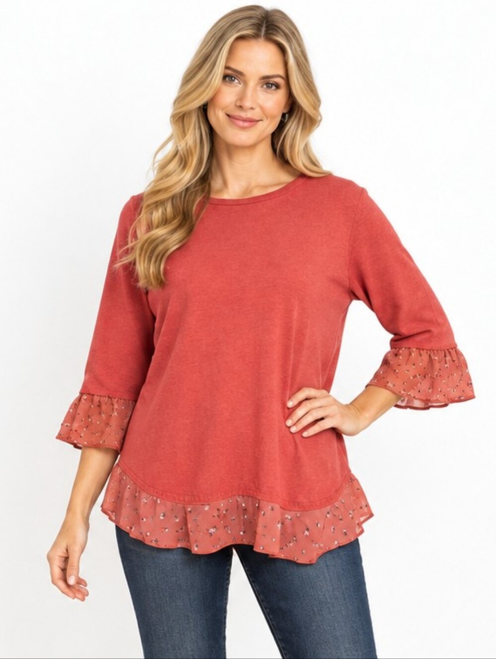 LOFT Coral Swiss Dot Ruffle Trim Blouse Bell Sleeve Feminine Top Medium